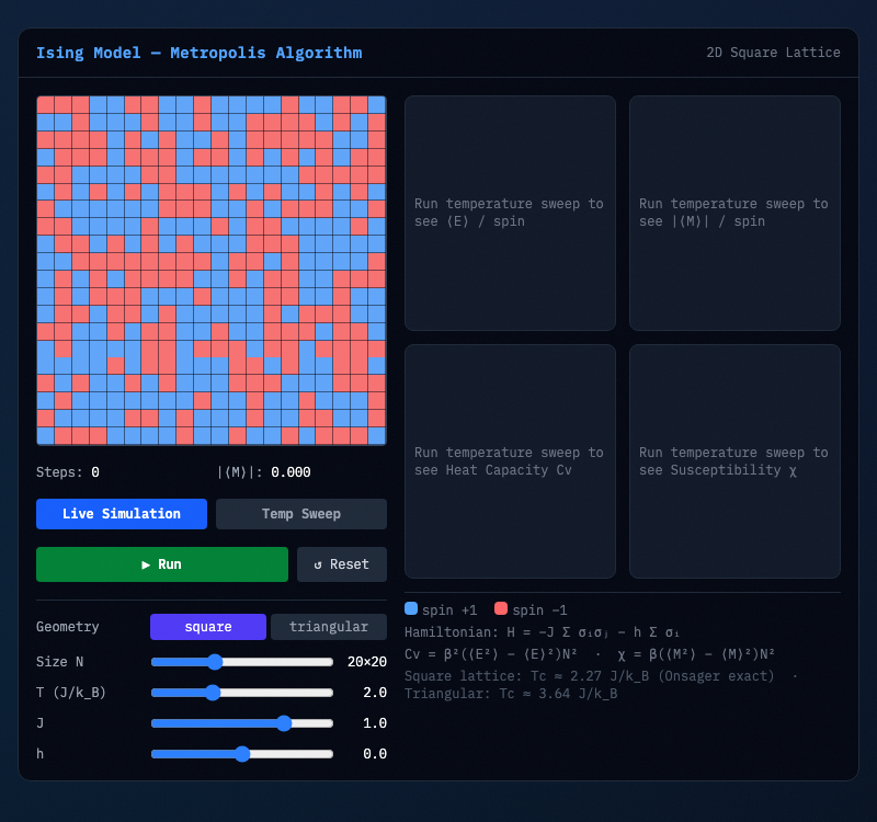 Static view of the Ising Model simulator's control panel: a 20x20 2D square lattice of randomly initialised up/down spins (blue/red), with Run and Reset controls, geometry toggle, and sliders for size, temperature, coupling J, and field h.
